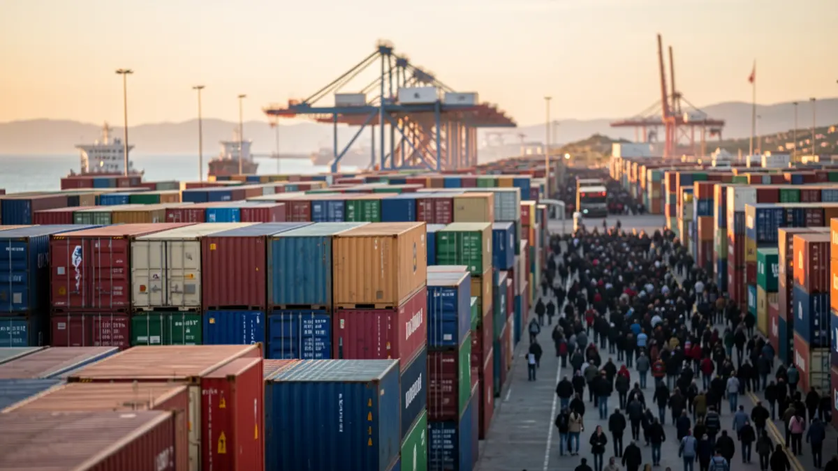 Vista del port de València amb contenidors de mercaderies al capvespre.