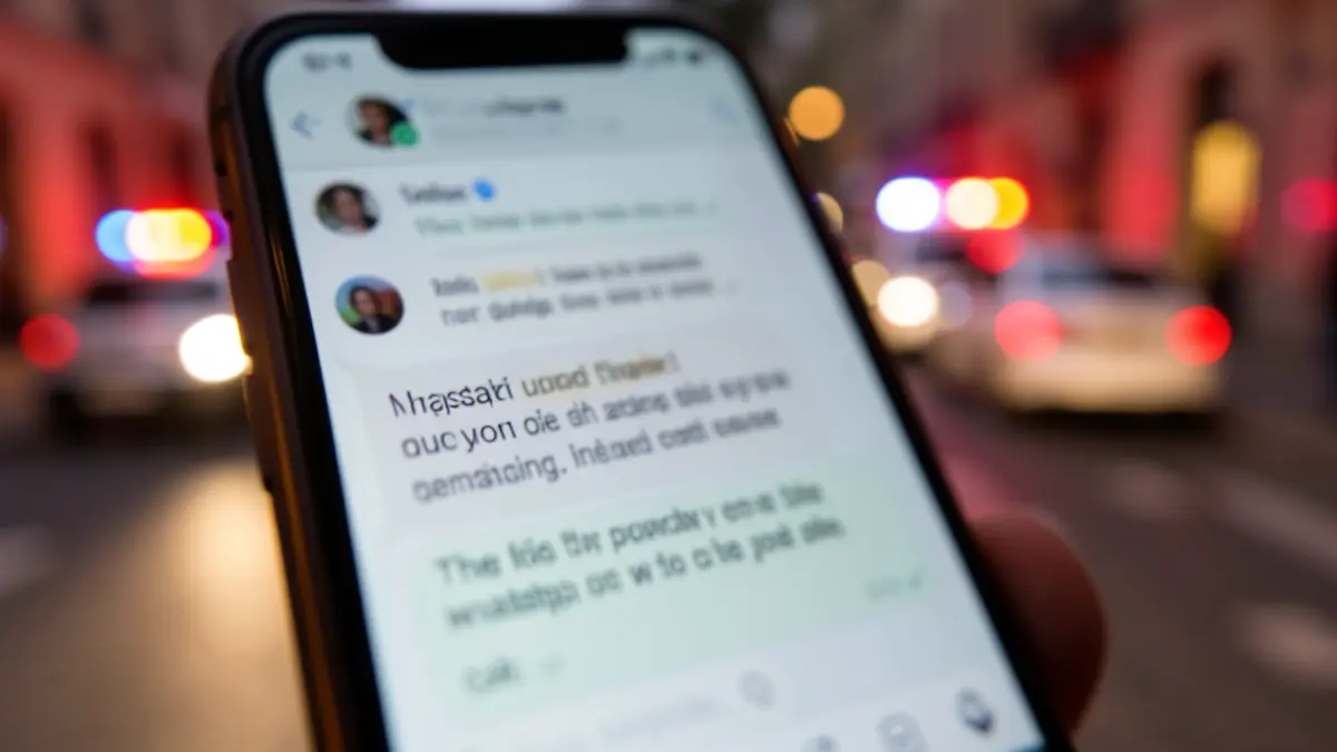 Imatge genèrica d'un telèfon mòbil mostrant missatges de WhatsApp amb llums d'emergència al fons.