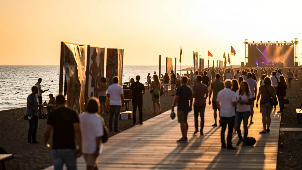 Imagen genérica de un evento cultural en la playa con música y arte.