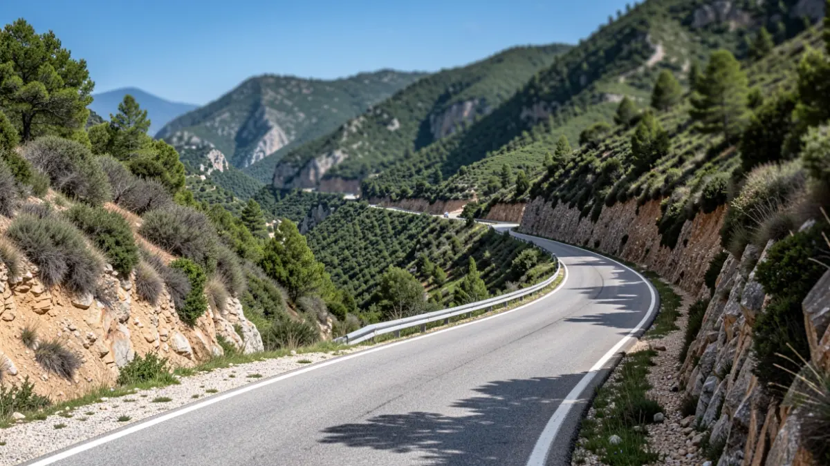 Imagen genérica de una carretera de montaña sinuosa en la Marina Alta, con desniveles pronunciados y colinas verdes bajo un cielo azul.