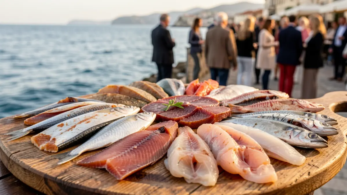 Generic image of various types of cured fish and seafood on a wooden platter.