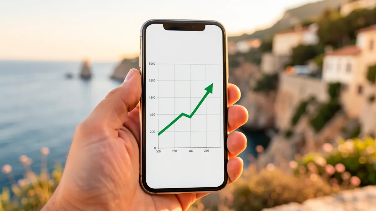 Imatge genèrica d'un gràfic econòmic en un telèfon mòbil amb el mar al fons.