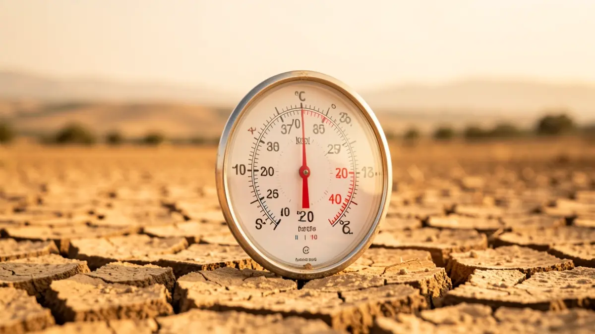 Termómetro marcando alta temperatura en un paisaje seco y cubierto por el calor.