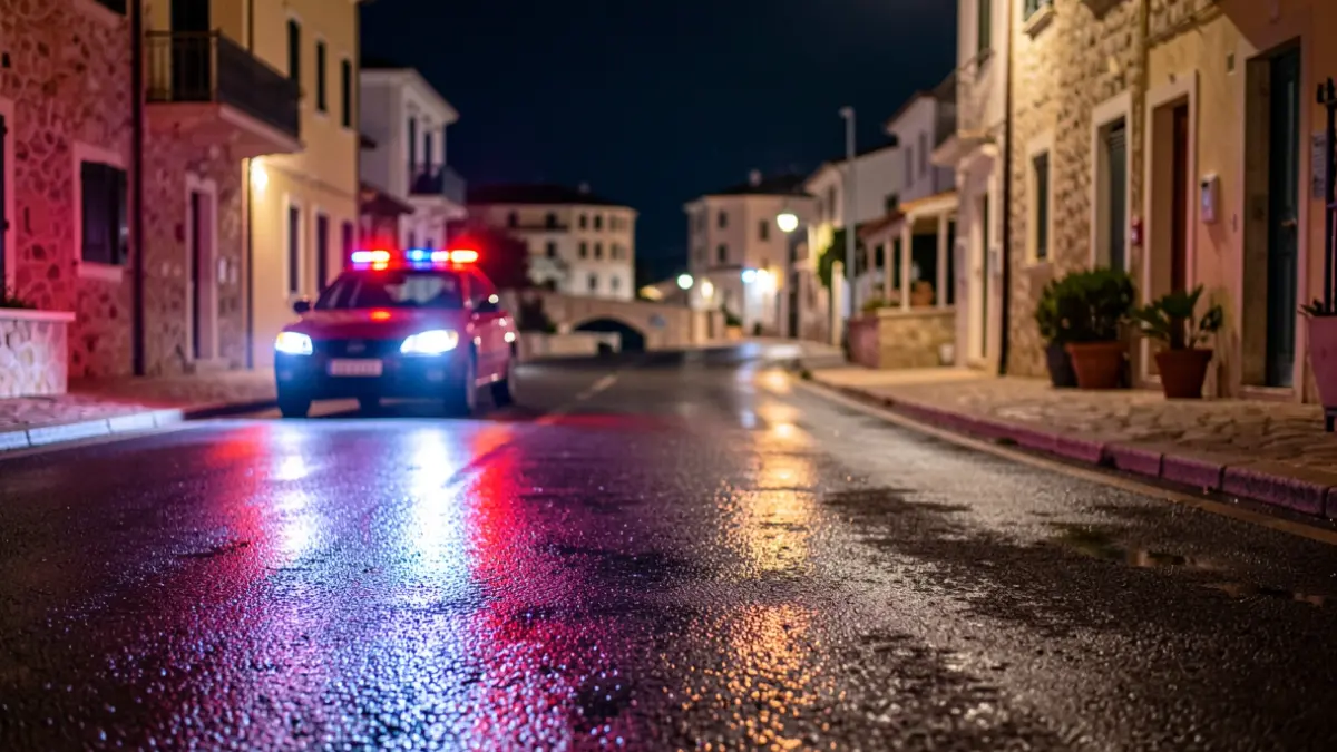 Imagen genérica de luces de emergencia reflejadas en el asfalto durante la noche.