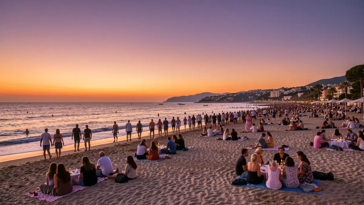 Imatge genèrica d'una platja mediterrània al capvespre amb gent reunida per a una celebració.
