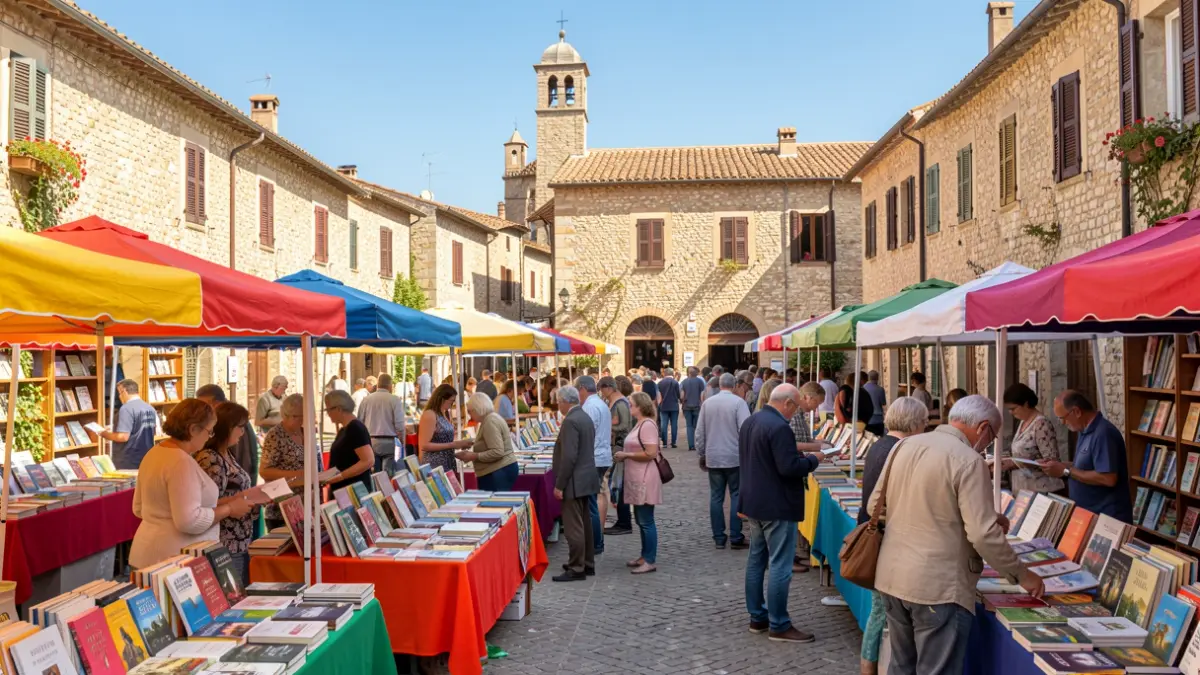 Generic image of an outdoor book fair in a Mediterranean square.