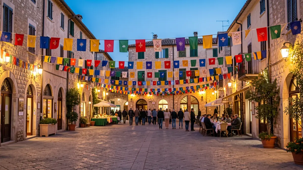 Imatge genèrica d'una plaça de poble mediterrani decorada per a una festa.