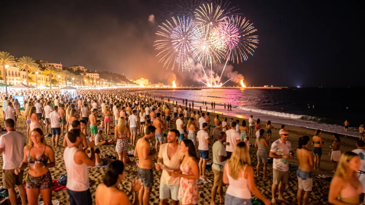 Imagen genérica de la noche de San Juan en la playa con hogueras y fuegos artificiales.