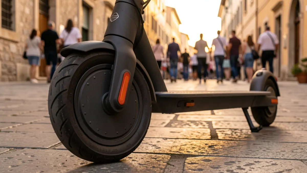 Generic image of an electric scooter parked on a pedestrian street.