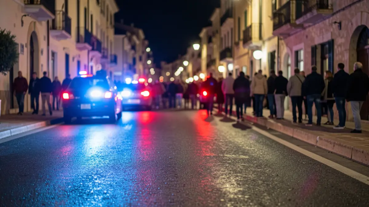Imagen genérica de luces de emergencia policiales reflejadas en el asfalto durante la noche.