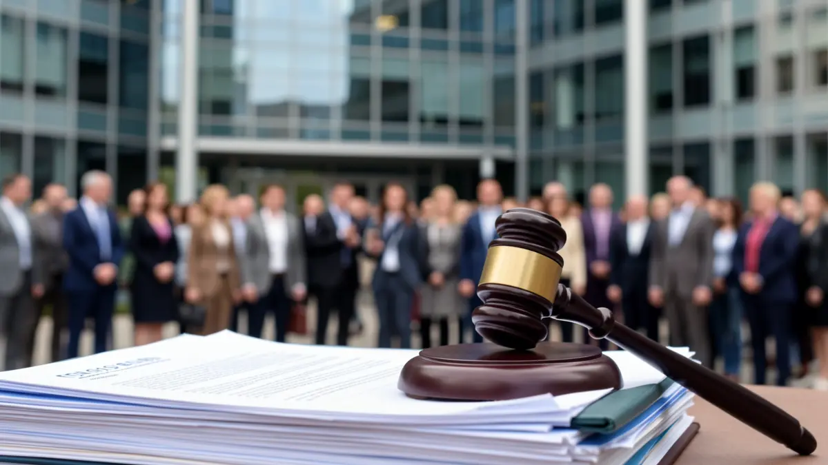 Generic image of a judge's gavel on official documents in front of an institutional building.