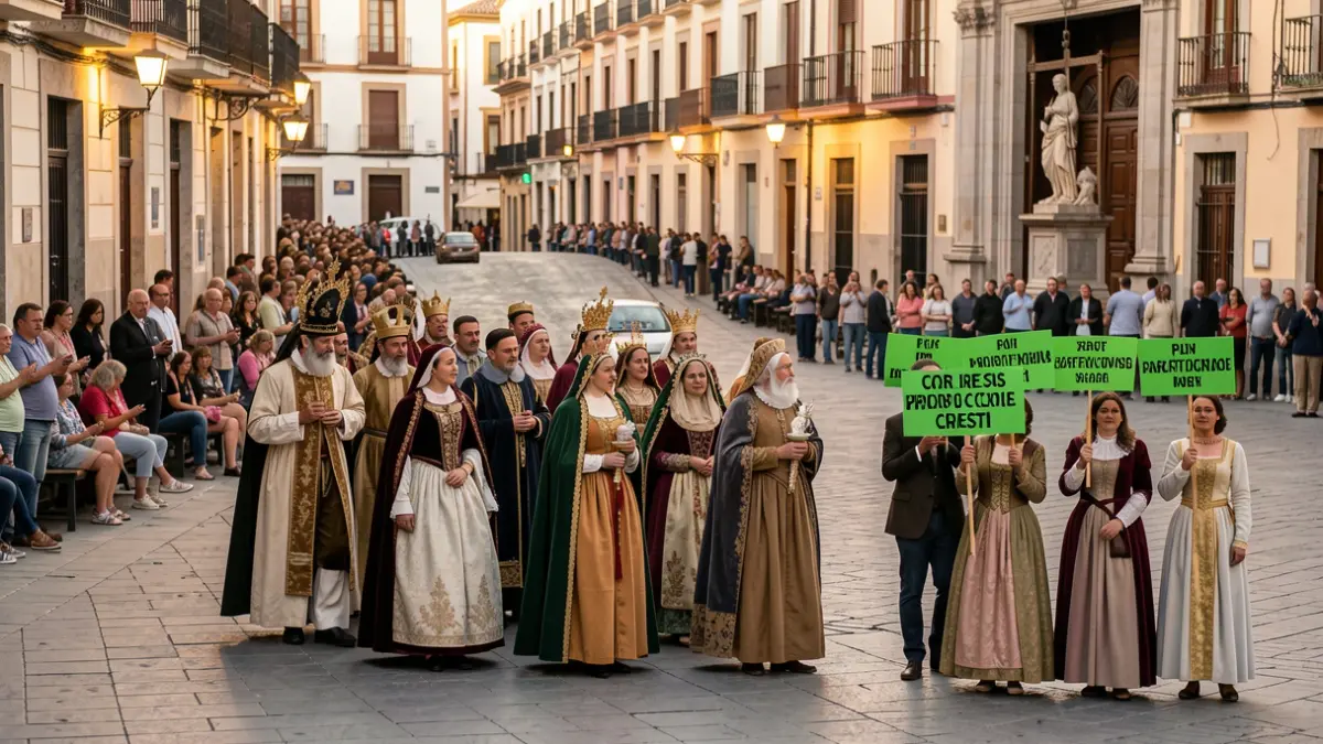 Generic image of a Corpus Christi procession in Valencia with protesters.