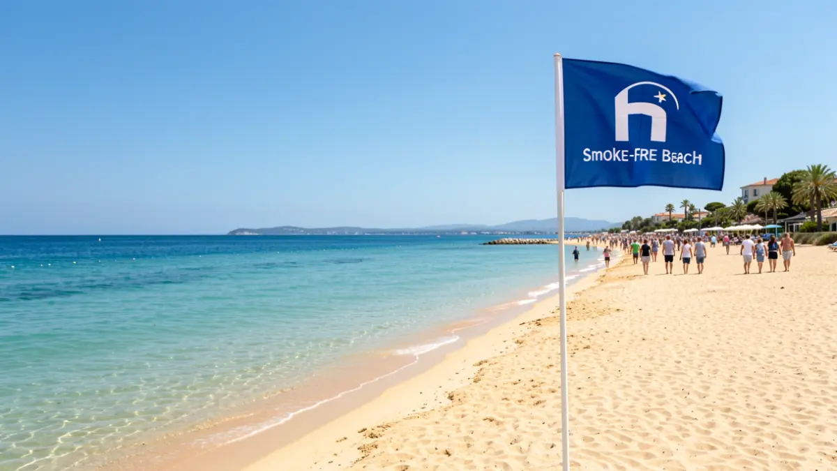 Generic image of a Mediterranean beach with a 'Smoke-Free Beach' flag.