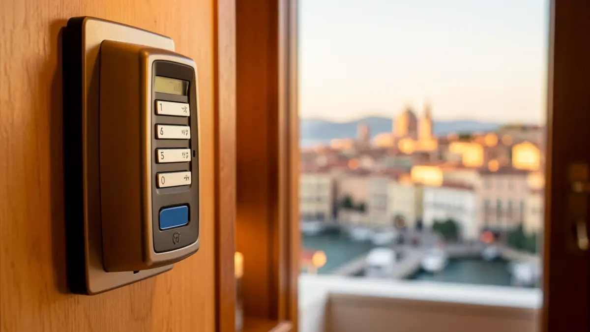 Imagen genérica de un dispensador de tarjetas de llave de hotel con un paisaje urbano mediterráneo desenfocado al fondo.
