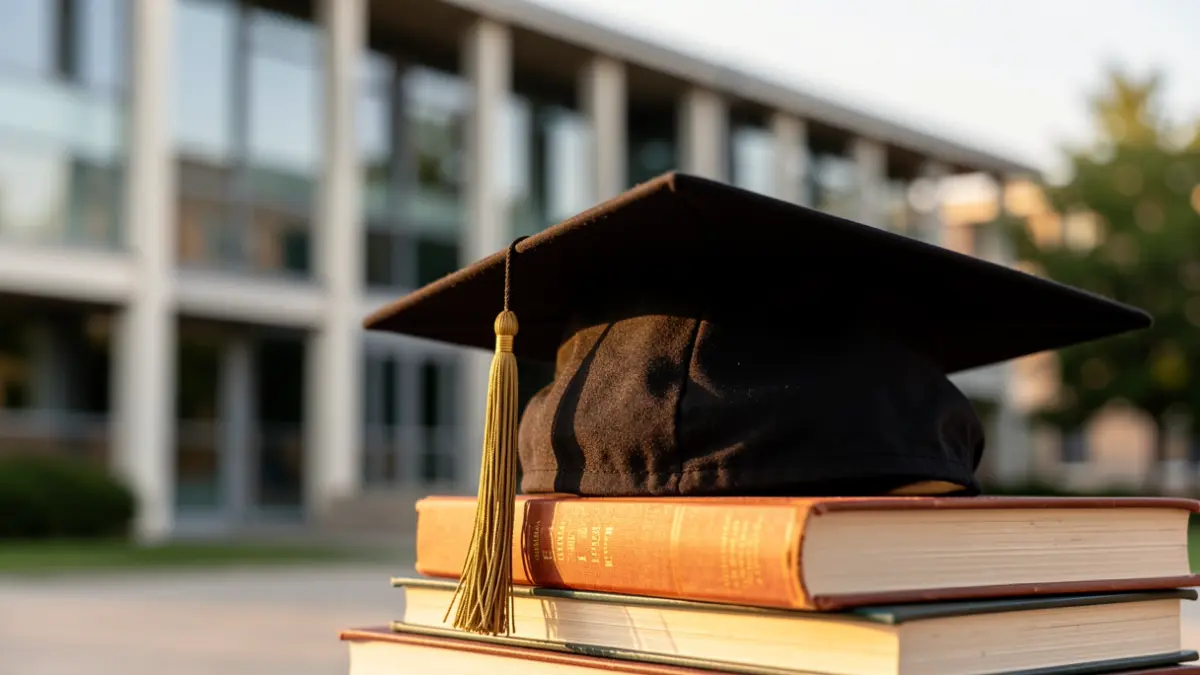 Generic image of a graduation cap on books in front of a university.