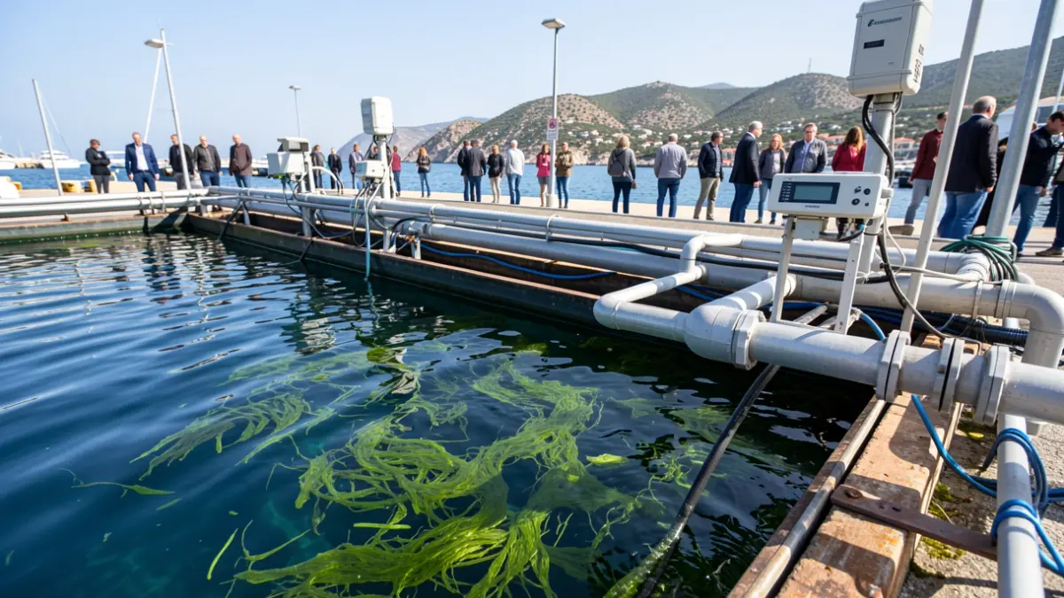 Image of a bioremediation system with microalgae in port waters.
