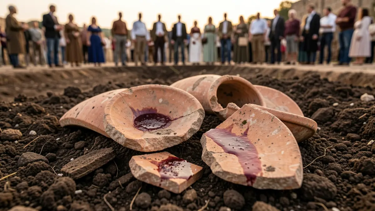 Detalle de ánforas romanas y fragmentos de cerámica con posibles restos de vino.