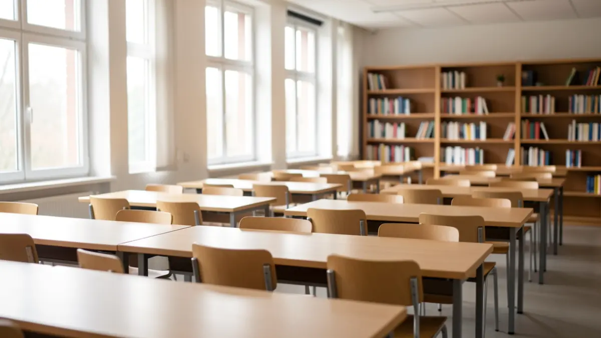 Generic image of a university classroom with desks and natural light.