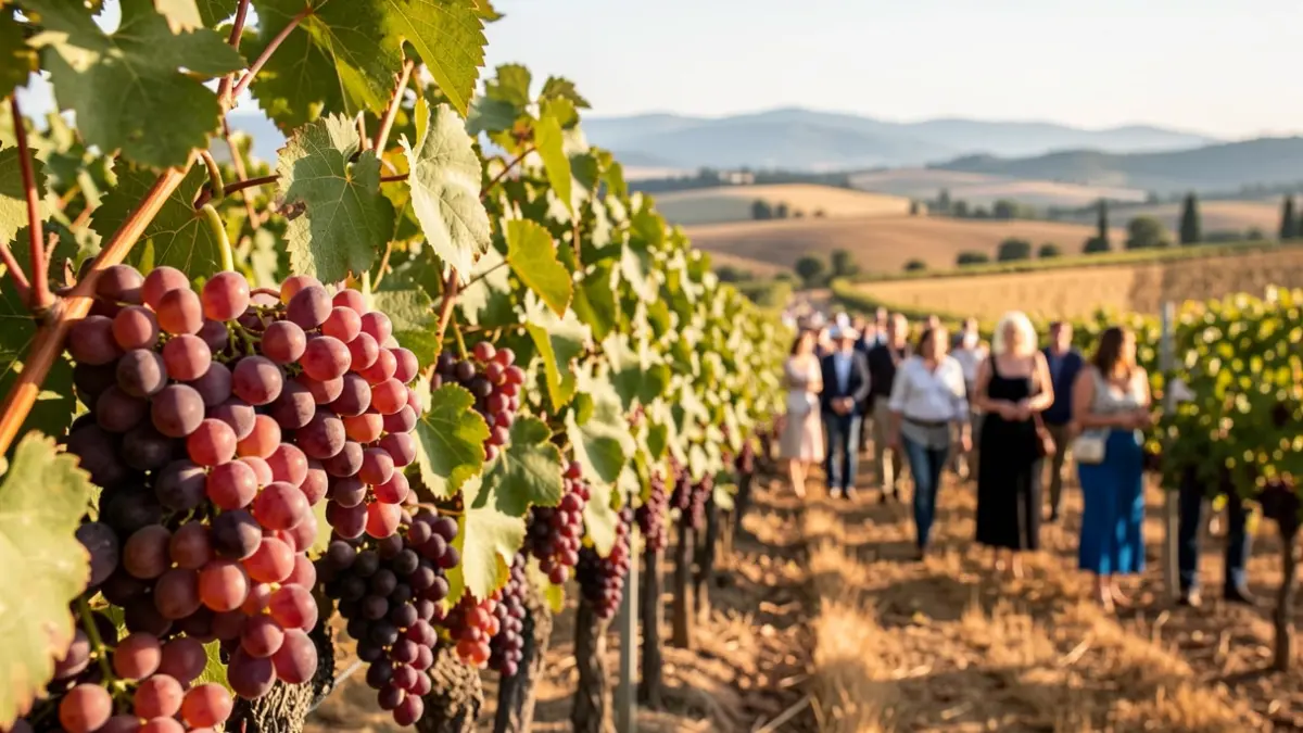Generic image of vineyards with ripe grapes and Mediterranean landscape.