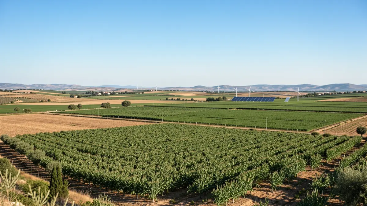 Imagen genérica de campos agrícolas con paneles solares al fondo.