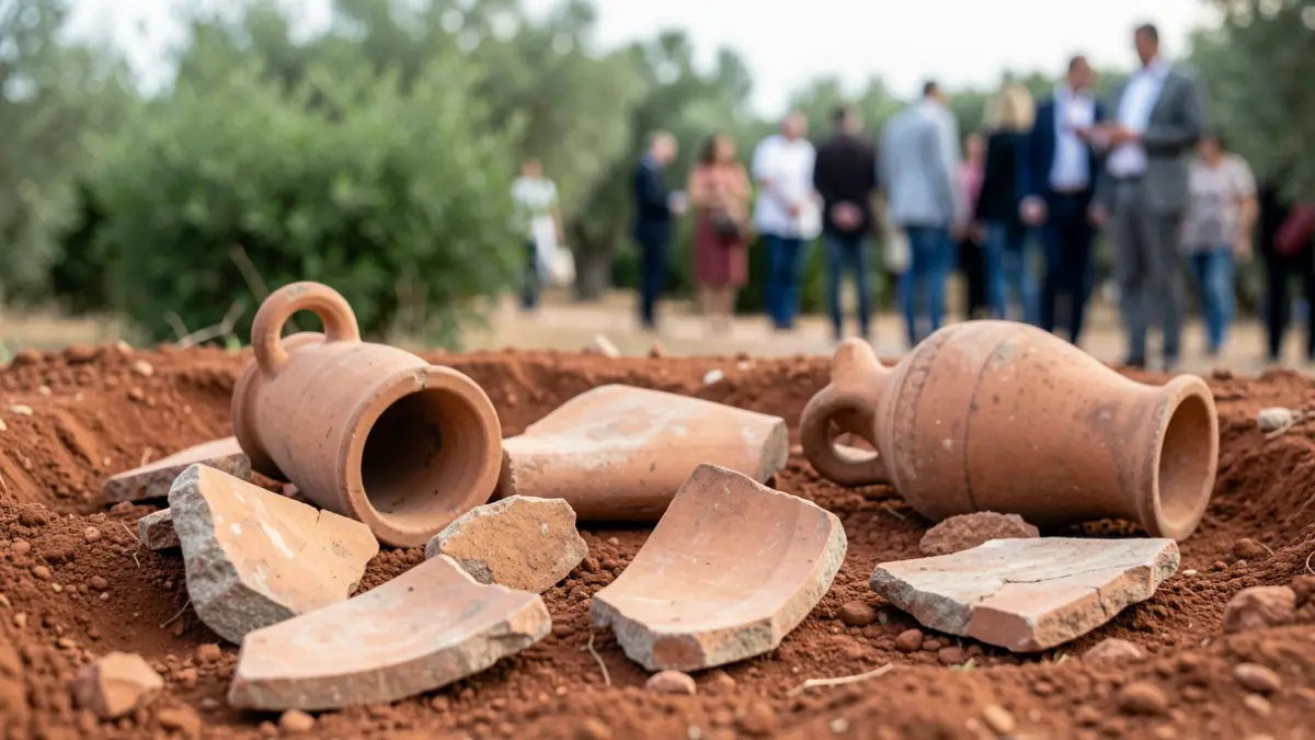 Trossos de ceràmica romana antics excavats en terra.