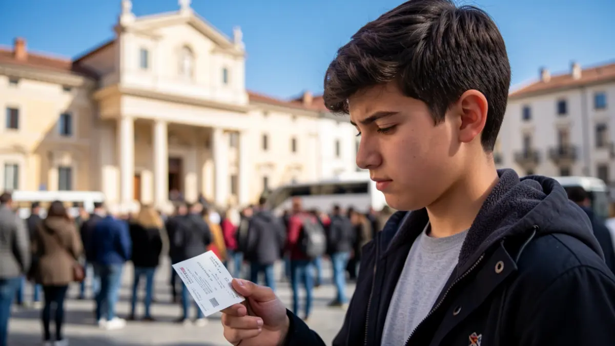 Imagen genérica de un estudiante universitario con un billete de transporte delante de un edificio municipal.