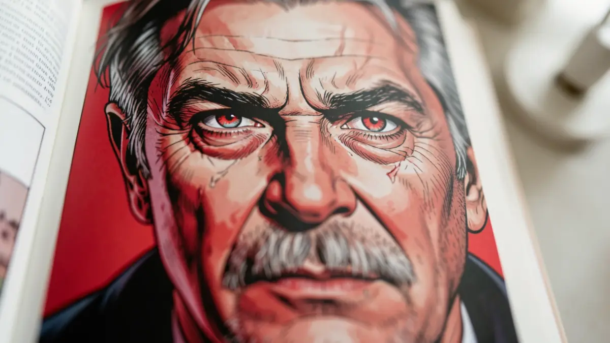 Ilustración de un personaje masculino maduro de una novela gráfica, con detalles realistas y toques de color rojo intenso.