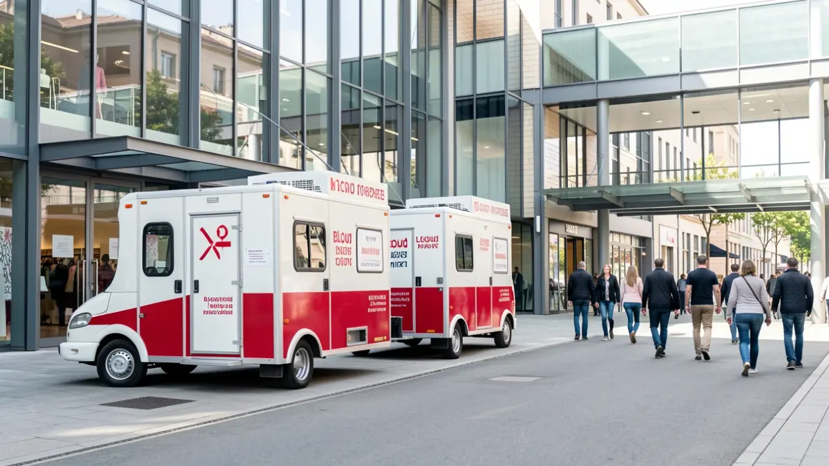 Imatge genèrica de unitats mòbils de donació de sang davant d'un centre comercial.