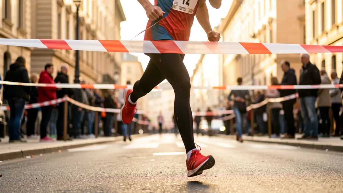 Generic image of a runner crossing a finish line in an urban race.