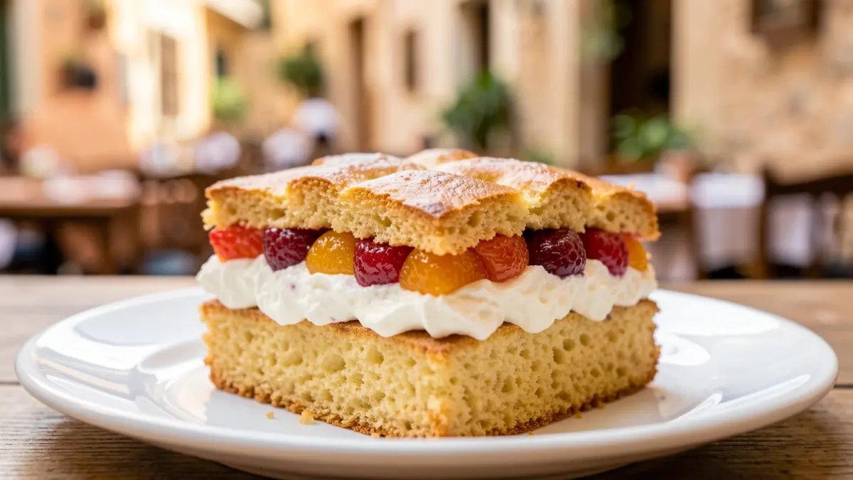 Image of a traditional dessert called 'pijama', featuring layers of fruit, cream, and cake.
