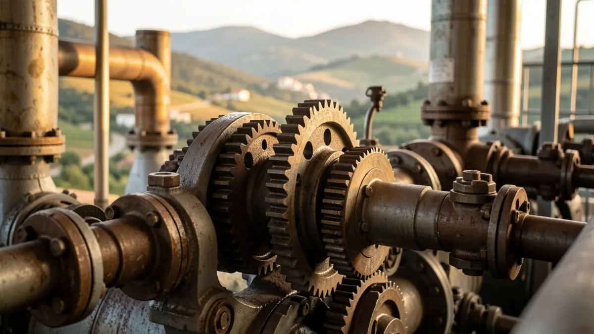 Imatge genèrica de maquinària industrial amb un toc del paisatge valencià.