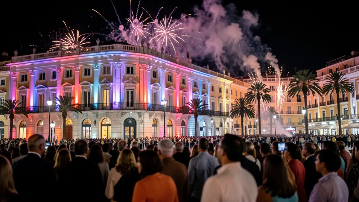 Imagen genérica de un espectáculo pirotécnico nocturno con multitud.