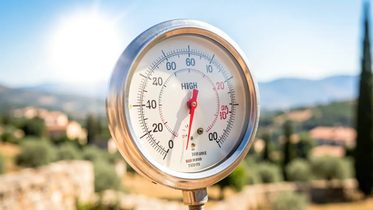 Imagen genérica de calor intenso con termómetro y paisaje mediterráneo.