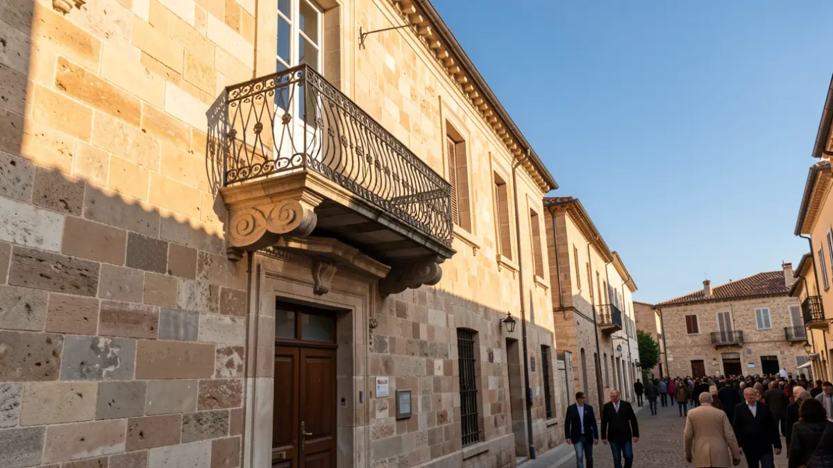 Fachada de un ayuntamiento mediterráneo con balcón de hierro forjado, luz solar de la tarde.