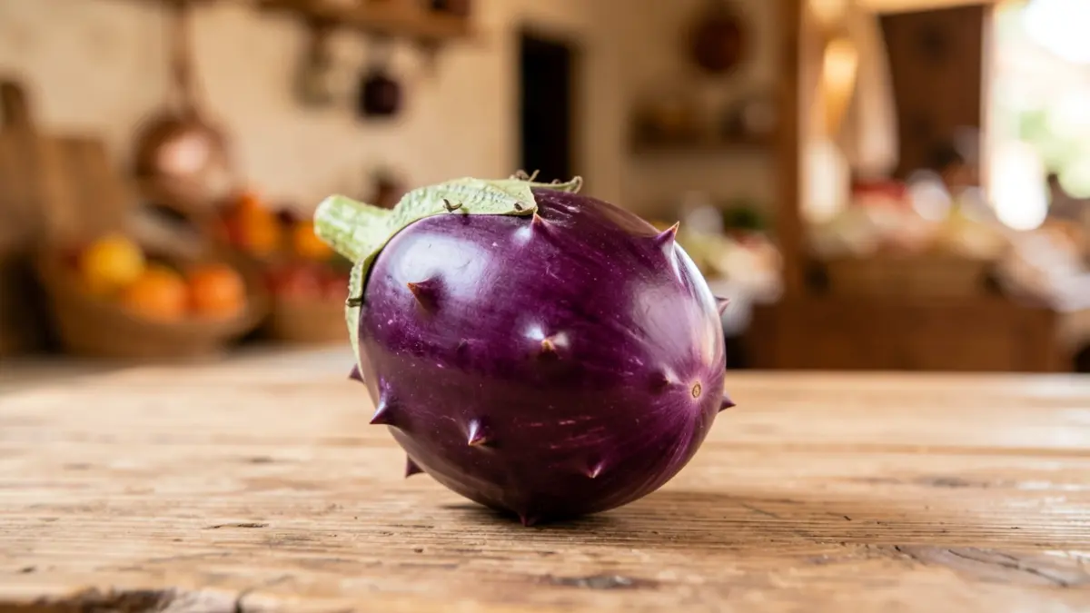 Image of a Gandia striped eggplant on a wooden table.