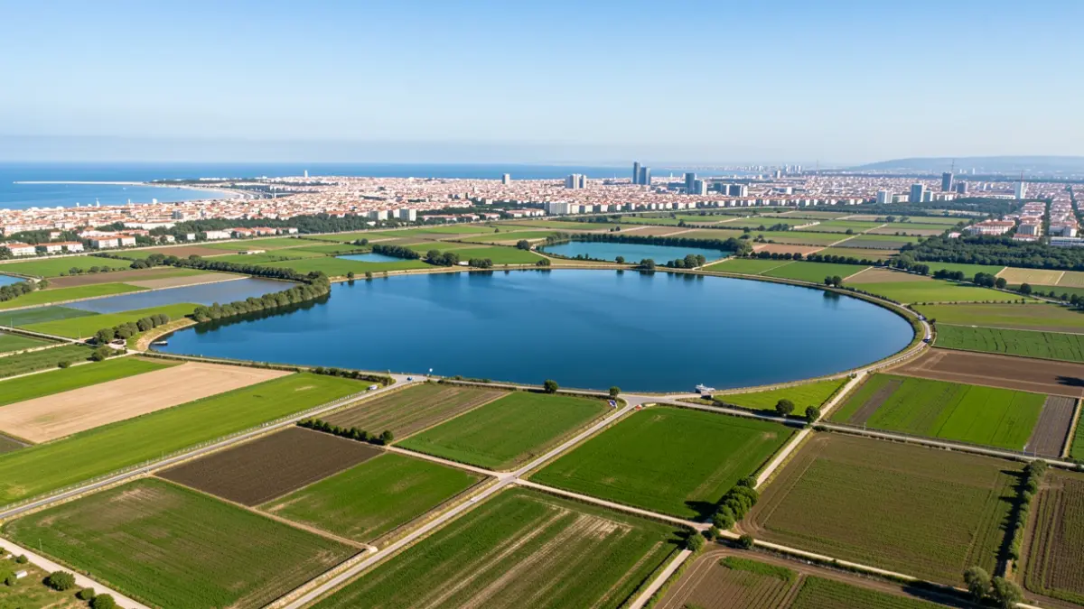 Vista aèria del Parc Natural de l'Albufera de València, amb arrossars i la costa.