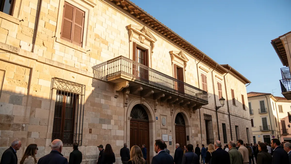 Generic image of a Mediterranean town hall facade with a balcony.