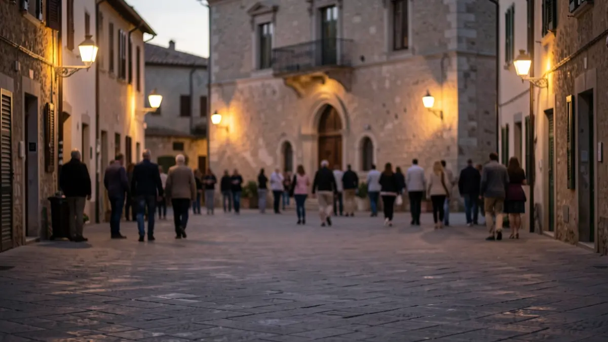 Generic image of a square in a Mediterranean town at dusk.