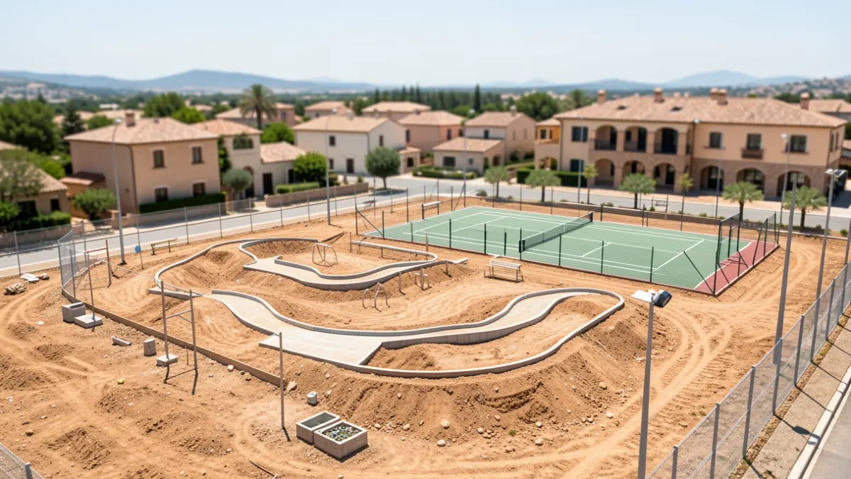 Generic image of construction work at a municipal sports complex featuring a new pumptrack and tennis court.