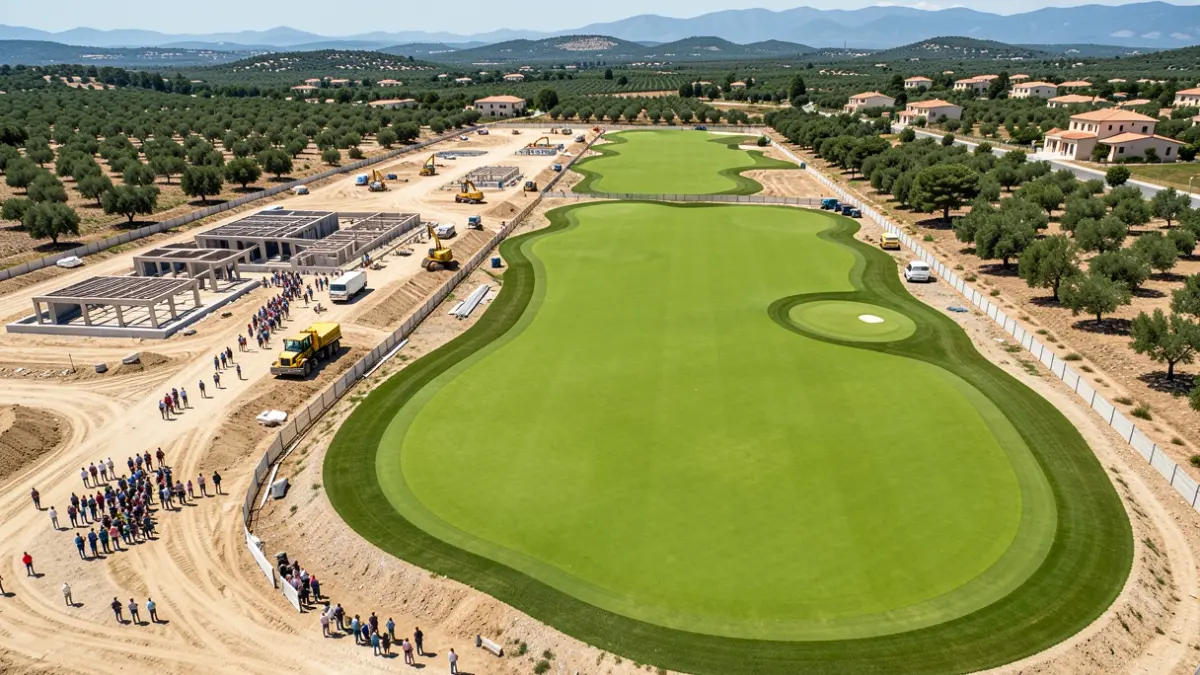 Imagen genérica de un campo de golf en construcción con equipamiento.