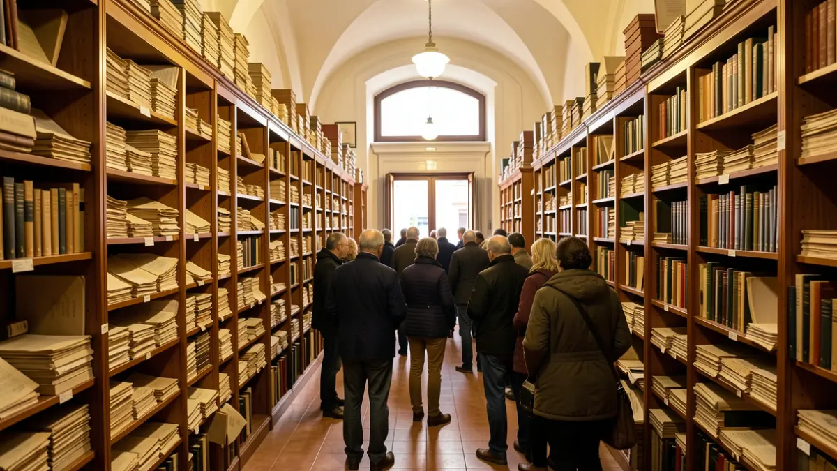 Generic image of the interior of a municipal archive with shelves full of old documents.