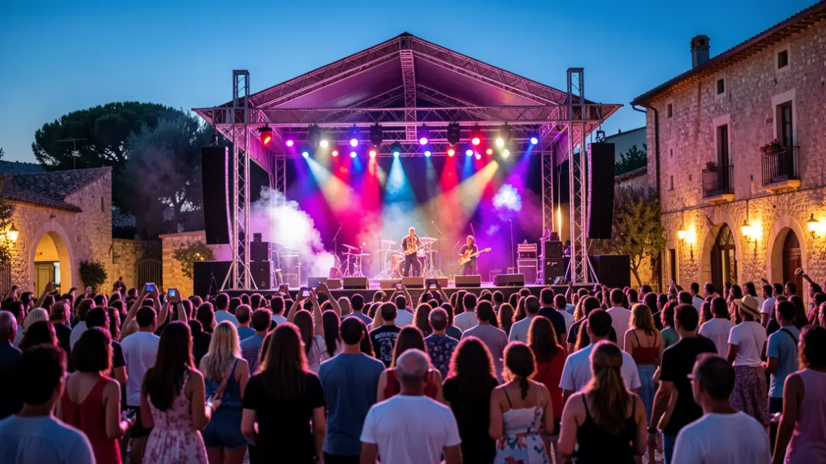 Imagen genérica de un escenario de festival de música al atardecer, con luces y público al fondo.