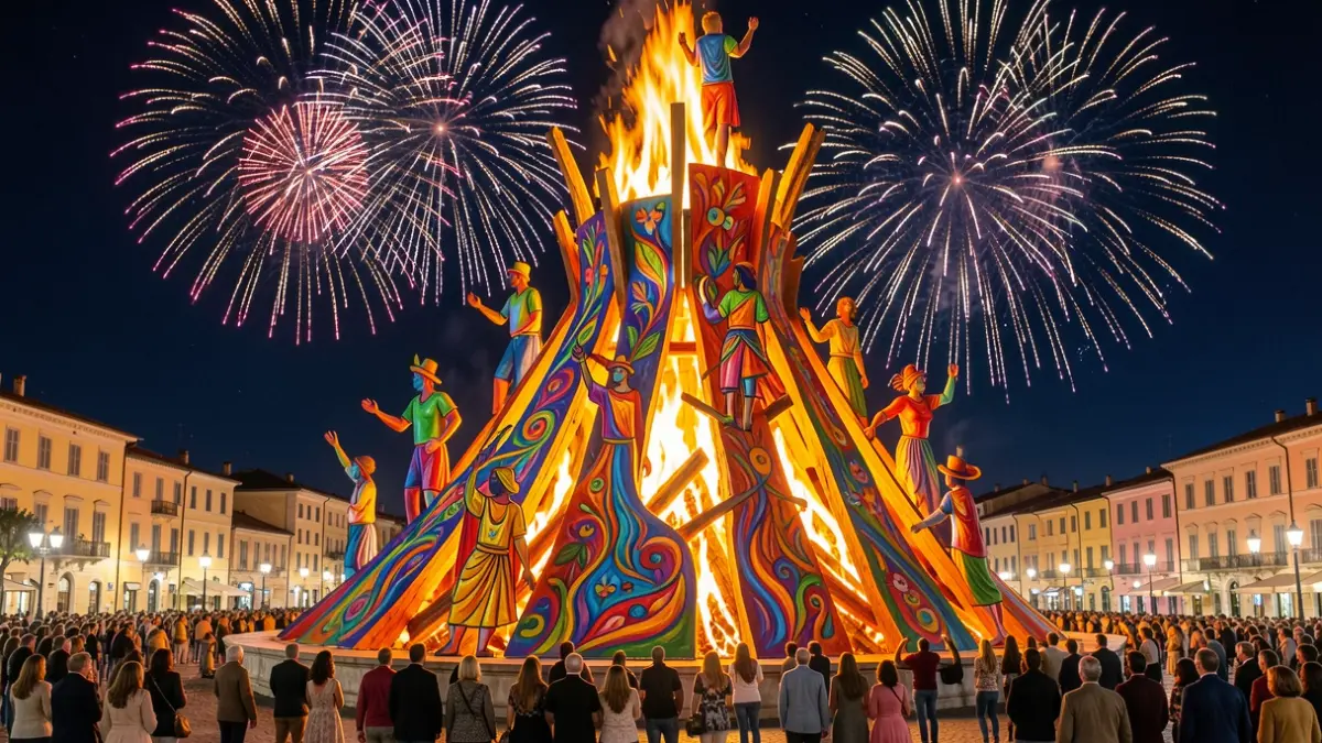 Generic image of a large bonfire with abstract elements and fireworks.