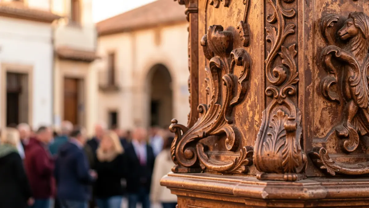 Detail of a Fogueres de Sant Joan monument with artistic elements and textures highlighted, warm lighting.