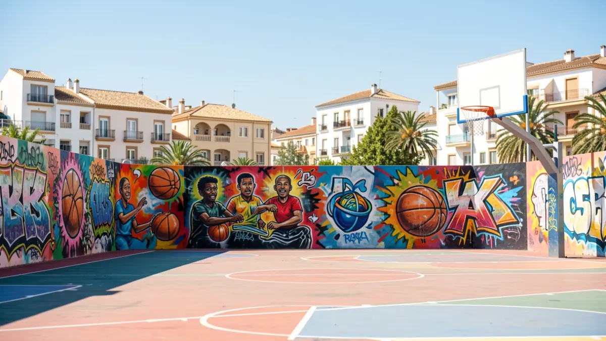 Renovated basketball court with urban art in the Nou Alacant neighborhood, Alicante.