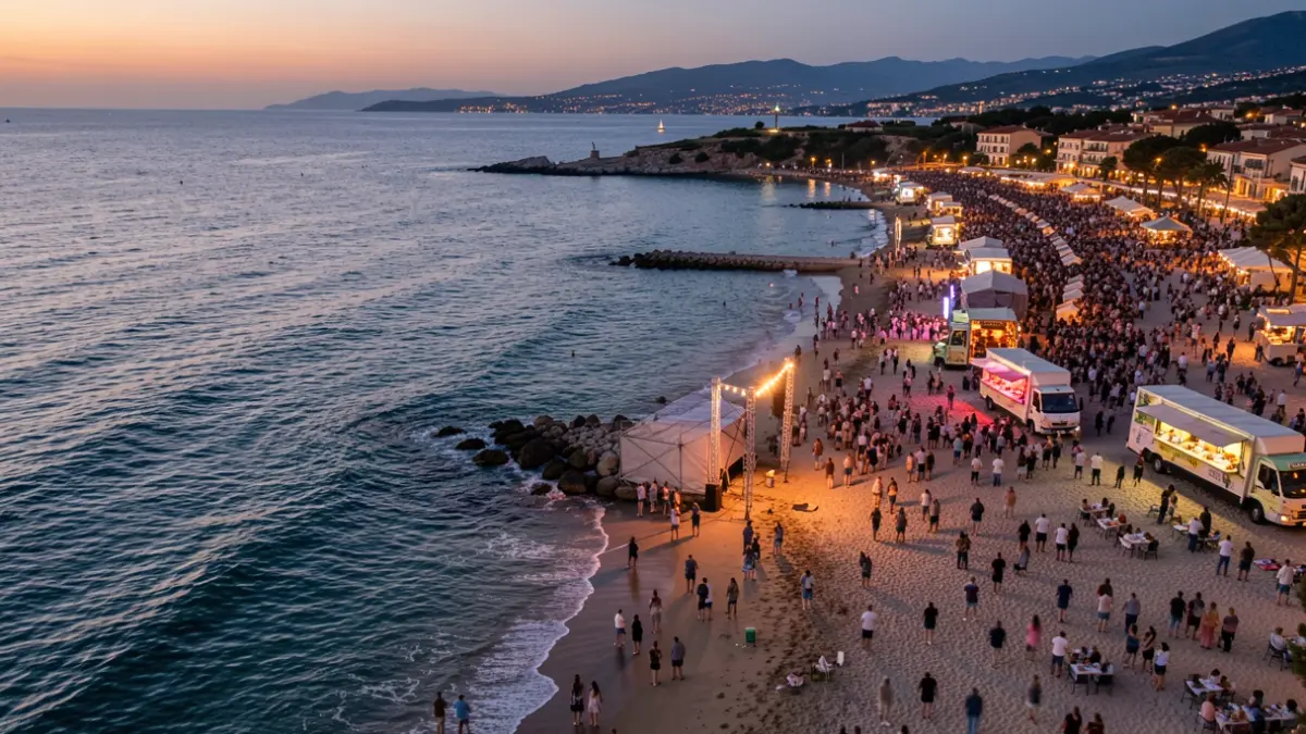 Generic image of a beach festival with a stage and food trucks.