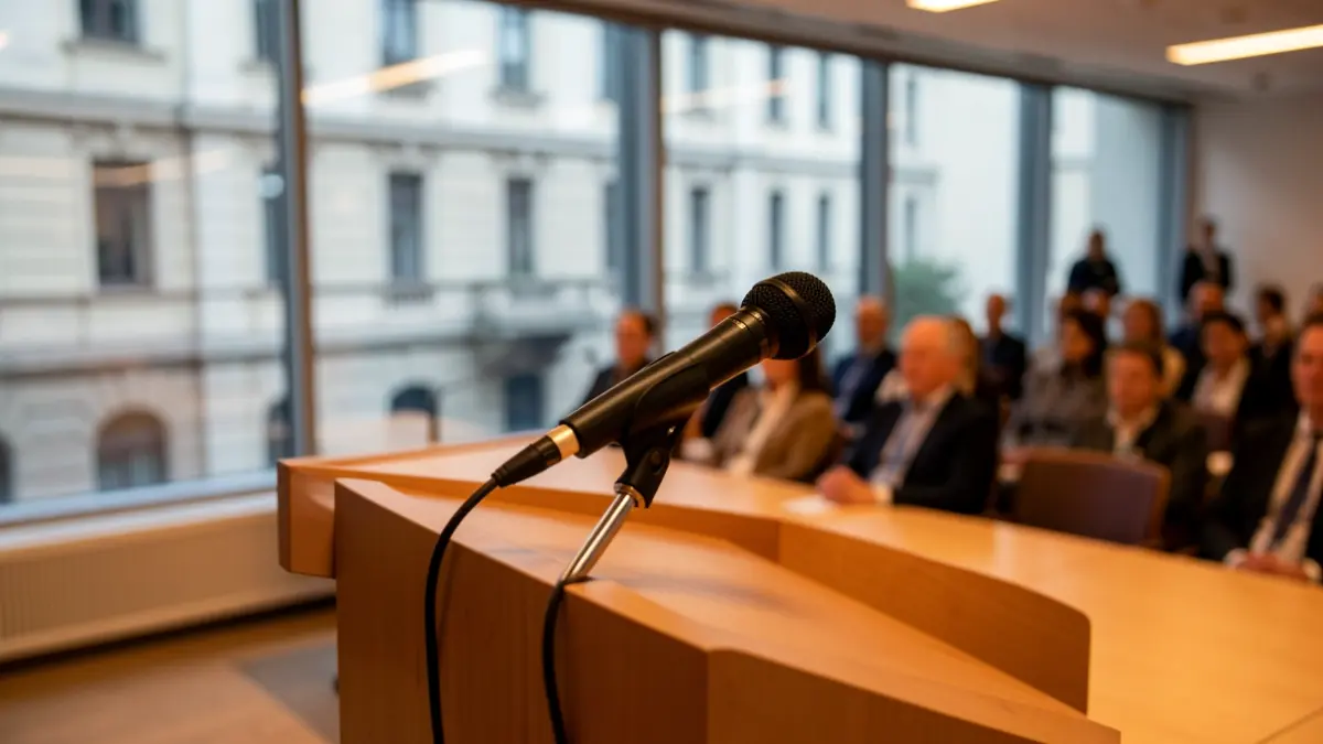 Imatge genèrica d'un faristol amb un micròfon en una sala de conferències.