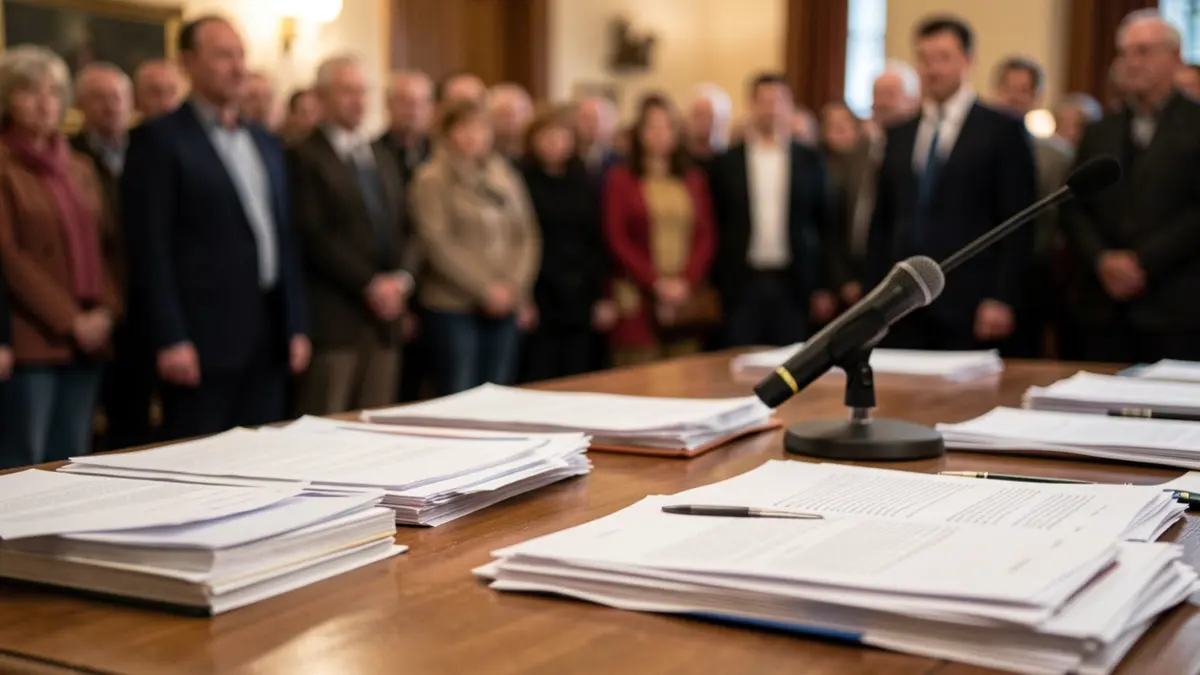 Generic image of a desk with papers and a microphone.