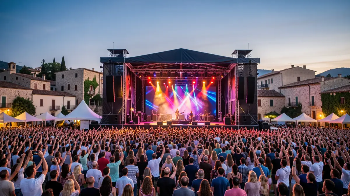 Imagen genérica de un festival de música al aire libre con un escenario iluminado y público a la distancia.