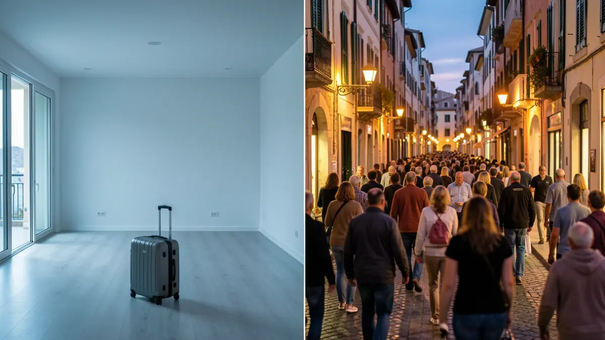Imatge que contrasta un habitatge buit i inassumible amb una escena urbana plena de vida, simbolitzant la crisi de l'habitatge.